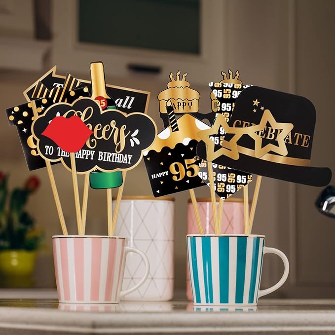 LINGTEER Happy 95th Birthday Party Photo Booth Props,Cheers to 95th Birthday 95th Years Old Bday Party Centerpieces Props Decorations Sign.