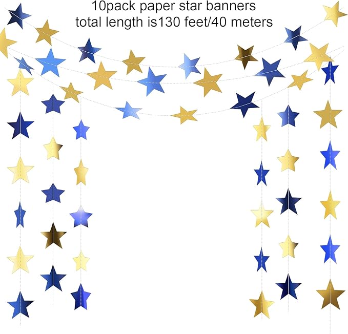 Patelai Glitter Star Garland Banner Christmas Decor 130 Feet Star Hanging Bunting Banner Twinkle Backdrop for Homecoming Classroom Wedding Birthday Halloween Party Supplies(Blue, Gold)