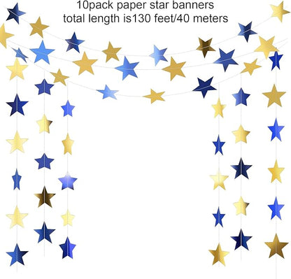 Patelai Glitter Star Garland Banner Christmas Decor 130 Feet Star Hanging Bunting Banner Twinkle Backdrop for Homecoming Classroom Wedding Birthday Halloween Party Supplies(Blue, Gold)