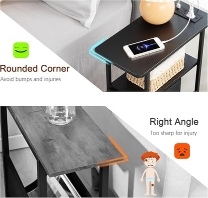 Narrow Nightstand with Charging Station, End Tables Living Room Set of 2, Skinny Side Table with Fabric Drawers, Small Sofa Table with LED Light for Bedroom, Black, HETNDP02LBK