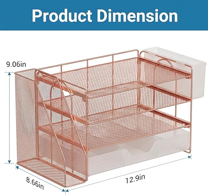 Desk Organizer, 4-Tier Paper Organizer Letter Tray with File Holder, Drawer and 2 Pen Holders, Desktop File Organizer for Office Supplies, Workspace Storage, Rose Gold