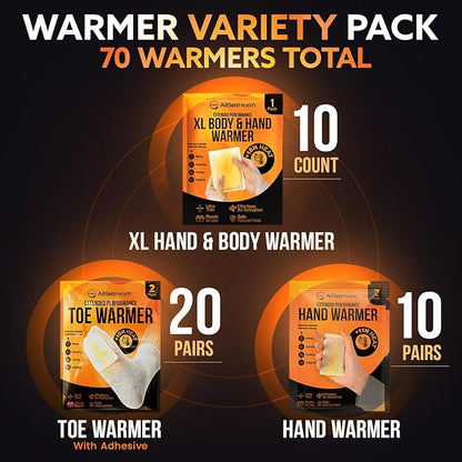 Hand Warmers Variety Set - 70 Count Ultimate Value Pack – 10 XL Body Warmers, 10 Pairs Hand Warmers, 20 Pairs Toe Warmers with Adhesive – Air Activated Heat Packs for Cold Weather and Outdoors