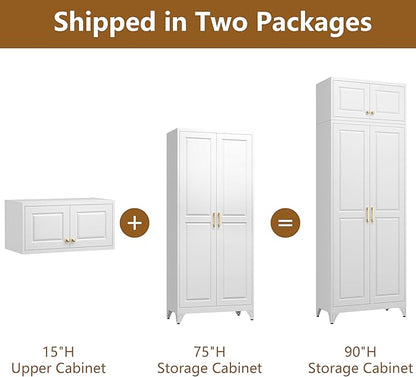 Kitchen Pantry Cabinet, 90" Tall Metal Storage Cabinet, Food Pantry cabinets with Doors and Shelves, Storage Cabinets for Living Room, Dining, White,16" D x 32" W x 90" H, Assembly Required