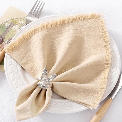 12 Pack Champagne Cotton Linen Napkins with Fringe Christmas Cloth Napkins Set of 12 Boho Handmade Holiday Napkins Bulk for Wedding Baby Shower Xmas Dinner Table Parties, 17 x 17 Inches