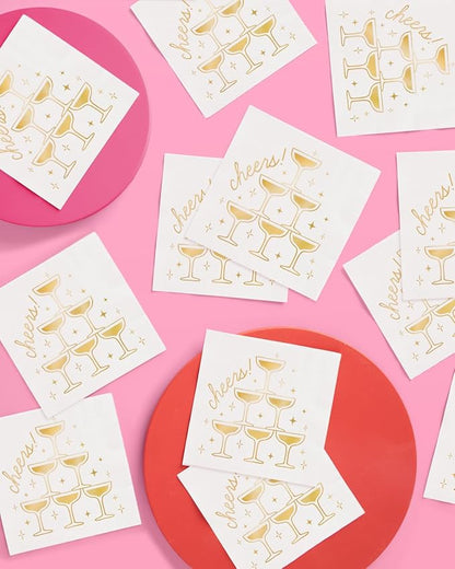 xo, Fetti Gold Foil Cheers Napkins | 3-ply, 50 pcs | Bachelorette Party Champagne Coupe Decorations, Birthday Party Decor, NYE Cocktail Supplies, Celebratory Tableware