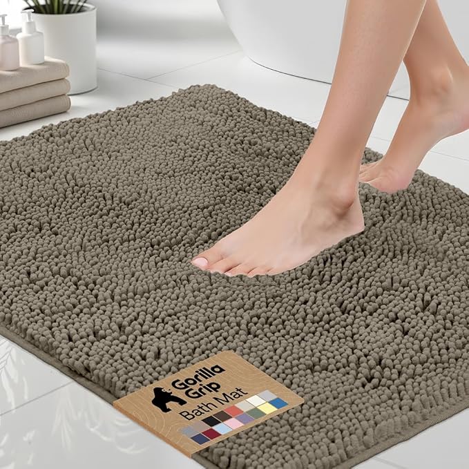 GORILLA GRIP Bath Rug Mat 36x24, Thick Soft Absorbent Chenille, Quick Dry Microfiber Mats, Rubber Backing Washable Shower Floor Rugs, Bathmat Runner, US Designed Bathroom Home Decor Accessories Latte