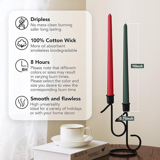 10-Inch Tall Dripless Taper Candles Set of 12 - Red and Green Tapered Candles, Perfect for Christmas - Smokeless, Unscented, Long Burning - Hand Poured, Colored Tall Candlesticks - Christmas