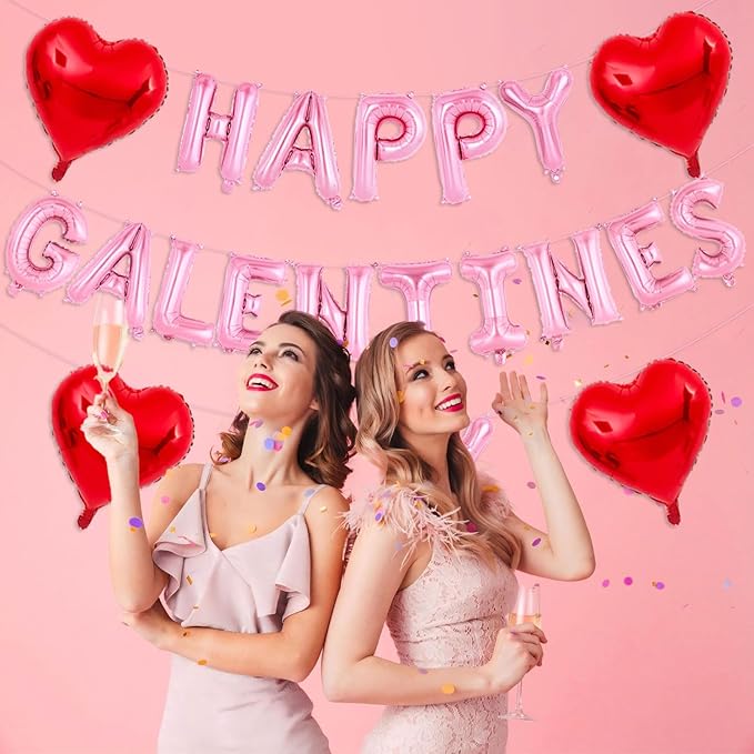 Pink Happy Galentines Day Balloons 16 Inch Galentine Balloons Red Heart Ballons for Galentines Day Decorations for Party Hotel Bedroom Office Classroom Indoor