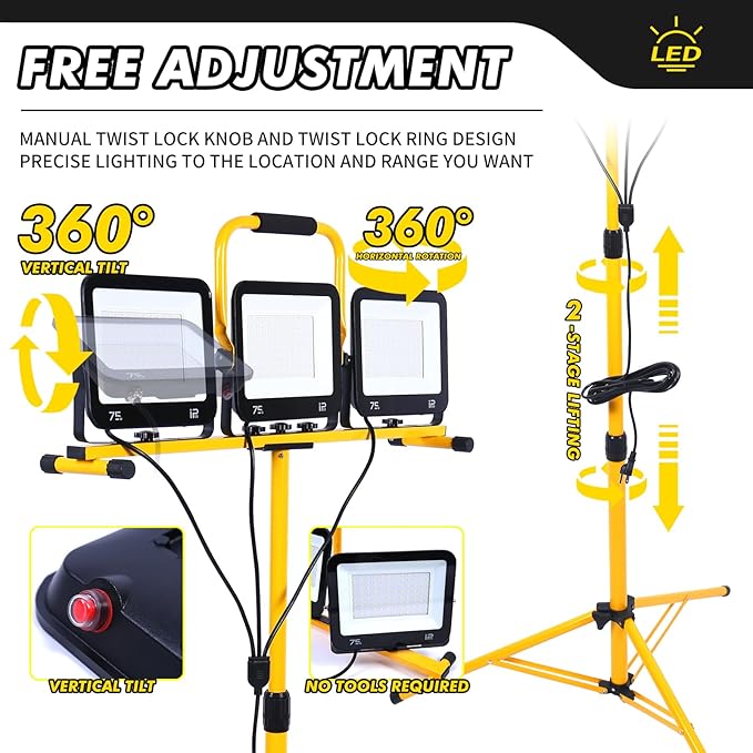 86In 22500 Lumen Work Lights with Stand, 3 Adjustable Head LED Light, 38.2''- 75.2'' & Foldable Tripod Waterproof Lamp Individual Switch 7500 Kelvin Color Temperature