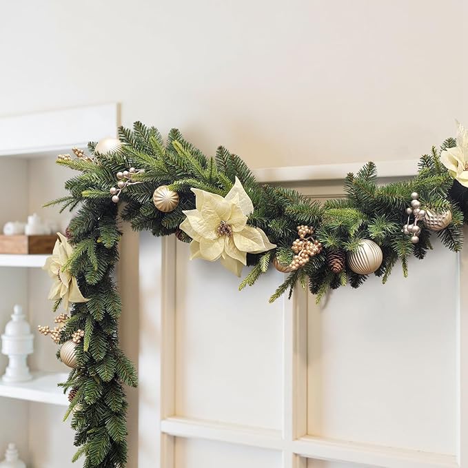 Pre-lit 9 FT LED Christmas Garland with Gold Flower and Berries, Multi-Function Christmas Garland with 50 Warm White LED Lights for Mantle Fireplace Staircase Porch Decor