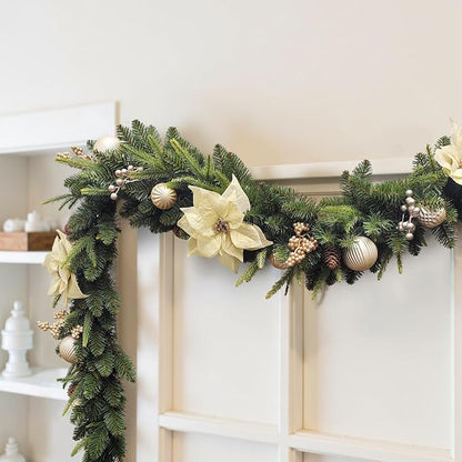 Pre-lit 9 FT LED Christmas Garland with Gold Flower and Berries, Multi-Function Christmas Garland with 50 Warm White LED Lights for Mantle Fireplace Staircase Porch Decor
