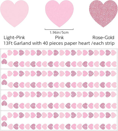 Rose-Gold Hot-Pink Decorations for Party - 52Ft Heart Paper Garland Decoration Streamers Birthday Banner Bridal Baby Shower Wedding Bachelorette Engagement Graduation Hanging Decor Hongtongtong