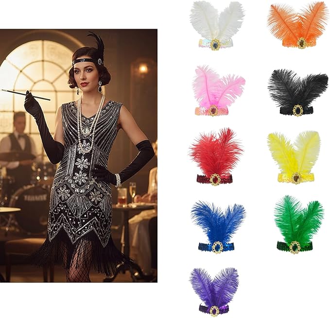 Feather Headpiece Sequins Headbands 1920s Flapper Showgirl Headpieces for Women Girls Carnival Party Accessories