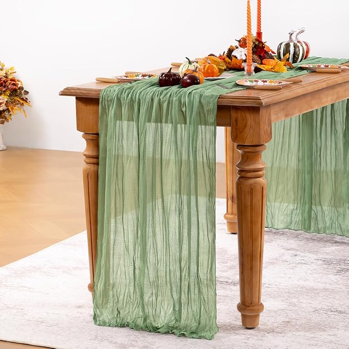 Sage Green Cheesecloth Table Runner 6 Pack Christmas Table Runners Boho Gauze 120 Inches Sage Cheese Cloth Table Decor for Xmas Holiday Season Parties Wedding Bridal Baby Shower Tea Party