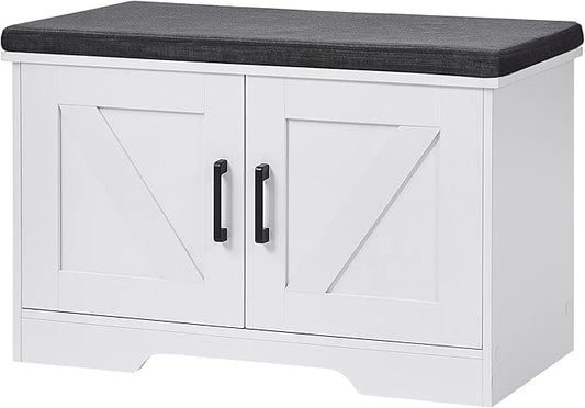 2-Tier Storage Bench, 27.6" Wide Shoe Bench with Padded Seat Cushion, Entryway Bench with 2 Barn Doors and Adjustable Shelf, White