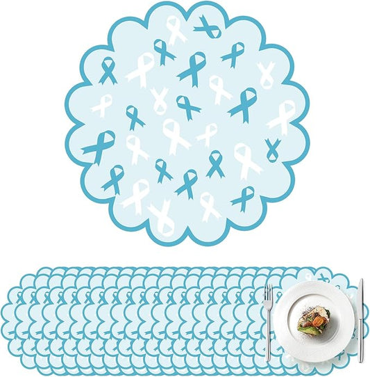 100 Pcs Ovarian Cancer Awareness Products 13.5" Scalloped Teal Ribbon Paper Placemats Disposable Sexual Assault Awareness Cervical Cancer Place Mats for Health Charity Public Social Event Supplies