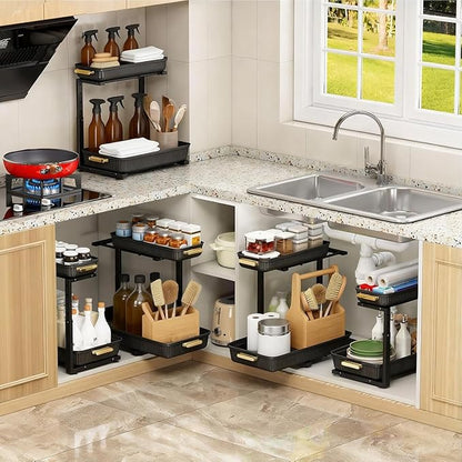 Under Sink Organizer - 2 Packs Multi-Purpose Pull-Out Storage Organizers, Slide out Pull out Cabinet Organizer Shelf, Storage for Kitchen Bathroom, Black