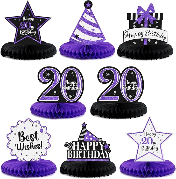 Happy 20th Birthday Decorations,20th Birthday Purple Glitter Shiny Stand Honeycomb Table Centerpieces - Cheers to Twenty Years Old Birthday Party Photoprop Gift Sign.