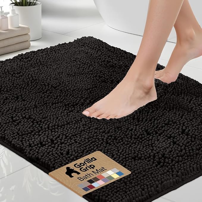 GORILLA GRIP Bath Rug Mat, Thick Soft Absorbent Chenille, Quick Dry Microfiber Mats, Rubber Backing Washable Shower Floor Rugs, US Designed Bathroom Bathmat Home Decor Accessories, 24x17, Black
