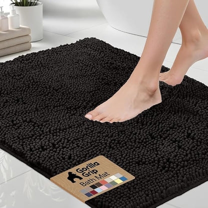 GORILLA GRIP Bath Rug Mat 44x26, Thick Soft Absorbent Chenille, Quick Dry Microfiber Mats, Rubber Backing Washable Shower Floor Rugs, Bathmat Runner, US Designed Bathroom Home Decor Accessories Black