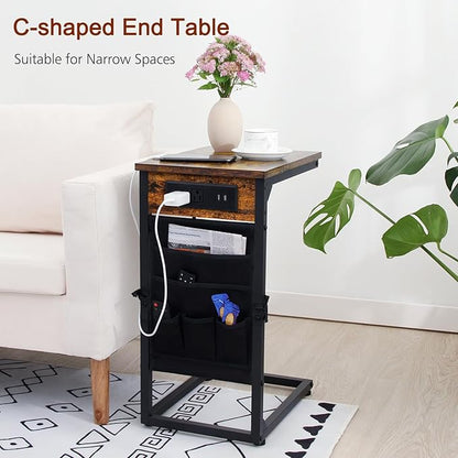 AMHANCIBLE Couch Table, C Shaped End Table with Charging Station, TV Tray Set of 2, Side Table with Storage for Couch, Rustic Brown, HET04CBR-1