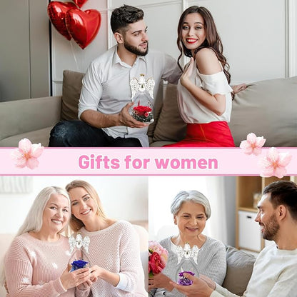 Yamonic Mom Birthday Gifts for Mom Grandma, Angel Figurines with Real Rose Gifts for Women Moms, Preserved Flowers Rose Glass Angel for Mothers Day Christmas Valentine's Day Gifts for Her(Purple)