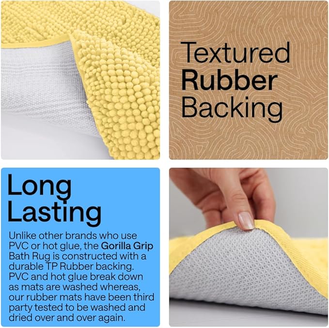 GORILLA GRIP Bath Rug Mat 44x26, Thick Soft Absorbent Chenille, Quick Dry Microfiber Mats, Rubber Backing Washable Shower Floor Rugs, Bathmat Runner, US Designed Bathroom Home Decor Accessories Yellow