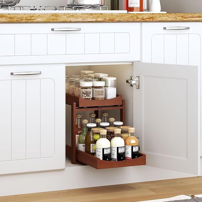 Bamboo Under Sink Organizer and Storage, 2 Pack Pull Out Cabinet Organization, 2 Tier Vertical Slide Out Undersink Storage Shelf, Multi-Purpose Organizer Shelves for Kitchen Bathroom Medicine, Brown