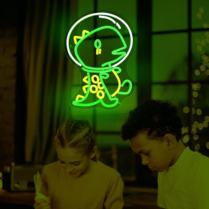 Dinosaur Neon Sign, JGHTURIE Animal Led Neon Signs for Wall Decor Astronaut Dinosaur Green Light Up Sign Game Room Kids Boys Bar Signs for Man Cave Decor USB Powered