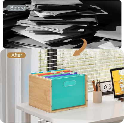 Hanging File Organizer, Clear Acrylic File Box Organizer, Bamboo Filing Box File Crate Organizer Storage Boxes, Portable Filing Folder with Handle for Letter Size