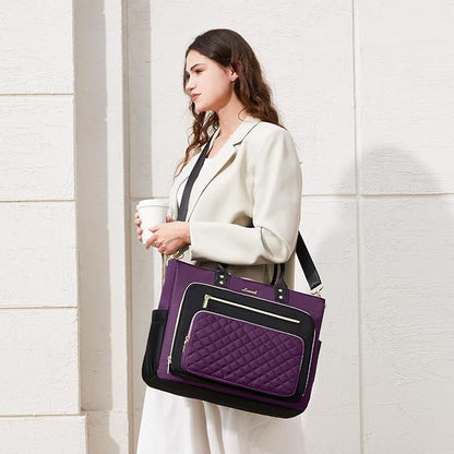 LOVEVOOK Teacher Tote Bag for Women Work, Laptop Bag Work Tote Bag Nurse Bags With Large Cup Holder, Professional Computer Briefcase Business Large Purses Handbag, Diaper Bag Mother Gift, Black-Purple