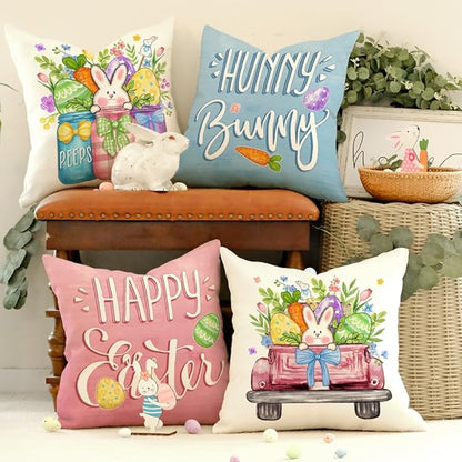 GEEORY Happy Easter Eggs Hunny Bunny Throw Pillow Covers 16x16 Inch Set of 4, Peeps Mason Jars Truck Spring Decorative Farmhouse Holiday Cushion Case for Home Decoration G688-16