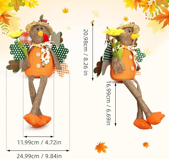 Turkey Decorations Indoor- Thanksgiving Decorations for Home, Office - Stuffed Turkey Animal Plush Doll Figurines - Pilgrim Decor for Autumn, Harvest Tabletop Centerpieces Ornaments Shelf Sitters