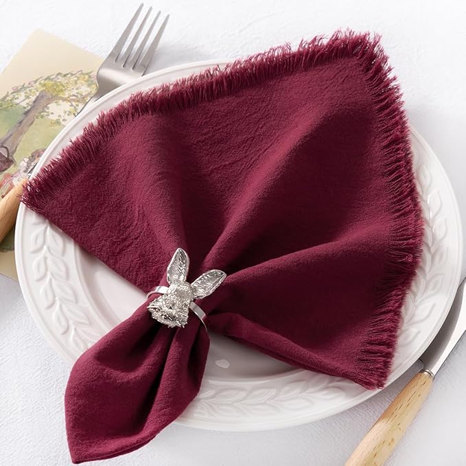 12 Pack Burgundy Red Cotton Linen Napkins with Fringe Christmas Red Cloth Napkins Set of 12 Boho Handmade Holiday Napkins Bulk for Wedding Baby Shower Christmas, 17 x 17 Inches