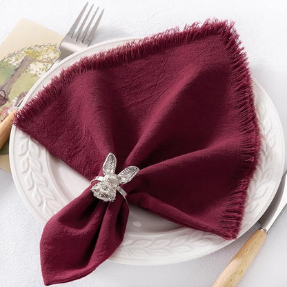 12 Pack Burgundy Red Cotton Linen Napkins with Fringe Christmas Red Cloth Napkins Set of 12 Boho Handmade Holiday Napkins Bulk for Wedding Baby Shower Christmas, 17 x 17 Inches