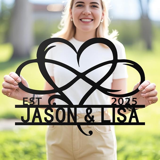 Custom Metal Infinity Heart Name Sign - Custom Sign Monogram with EST Date - Romantic Wedding, Anniversary, Engagement, Newlywed Gift - Rustic Metal Wall Art Decor, Bedroom, Home Decor