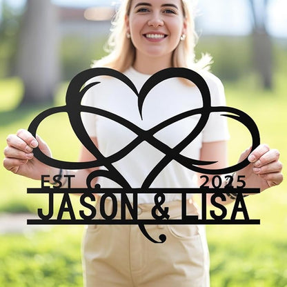 Custom Metal Infinity Heart Name Sign - Custom Sign Monogram with EST Date - Romantic Wedding, Anniversary, Engagement, Newlywed Gift - Rustic Metal Wall Art Decor, Bedroom, Home Decor