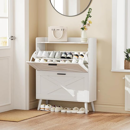32" W Farmhouse Shoe Storage Cabinet with 2 Flip Drawers and Barn Door Design, Adjustable Shelves, Modern Hidden Slim Narrow Shoe Rack Cabinet for Entryway, Foyer, Hallway, Living Room, White