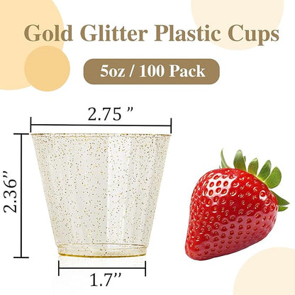 I00000 5oz 100 Pack Gold Glitter Plastic Cups, Glitter Disposable Small Plastic Cups, Disposable Clear Cup with Gold Glitter Shot Glasses, Small Tumbler Perfect for Wedding & Party
