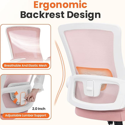 NEO Chair Office Desk Chair Computer High Back Mesh Gaming Seat with Ergonomic Adjustable Comfy Flip-up Armrests Lumbar Support Height for Home (Pink)