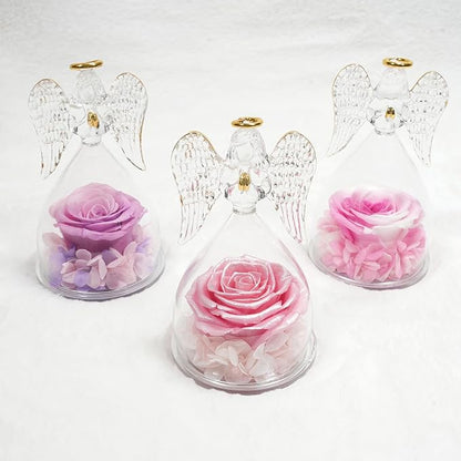 Miofula Preserved Flower Rose Birthday Gifts for Mom, Angels Figurines with Forever Real Rose Gifts for Women Mom Grandma, Angels Gifts for Valentines Anniversary (Pearlescent Pink)
