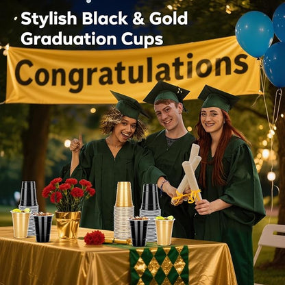 100PCS Black and Gold Plastic Cups, 16oz Disposable Party Cups Bulk Pack, BPA Free Drinkware for Soda Juice Beer Cold Drinks Suitable for Wedding Halloween Thanksgiving Christmas Birthday Celebrations
