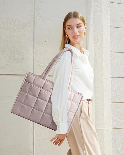 LOVEVOOK Tote Bag for Women, Puffer Work Handbag 17 Inch Laptop Purse for Nurse Teacher, Large Quilted Travel Tote Shoulder Bag with Zipper for College Office Clinical Gym
