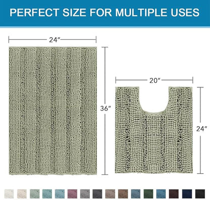 H.VERSAILTEX Bathroom Rug Sets 2 Piece Bath Mats Non Slip Thick Soft Chenille Striped Bath Rug achine Washable Shower Floor Rugs for Tub, Shower and Floor (Eucalyptus Green, 36"x24" Plus 20"x24" U)