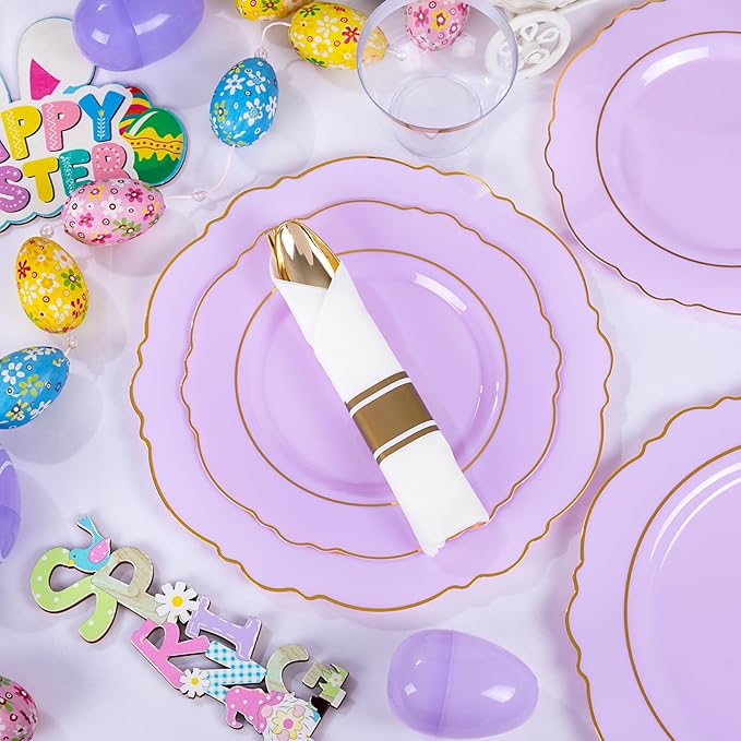 Liacere 350PCS Purple Plastic Plates - Disposable Light Purple and Gold Plates 50guest Baroque Plastic Dinnerware include 100Plates,50Pack Pre Rolled Napkins with Silverware 50Cups for Valentine’s Day