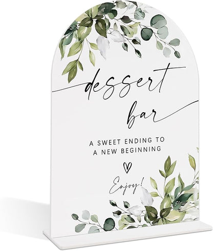 Wedding Signs for Reception, Green Leaves Dessert Bar Sign, Wedding Reception Signage, Bridal Shower Table Decorations with Base, Dessert Bar Supplies for Bridal Shower Events and Ceremony, 06
