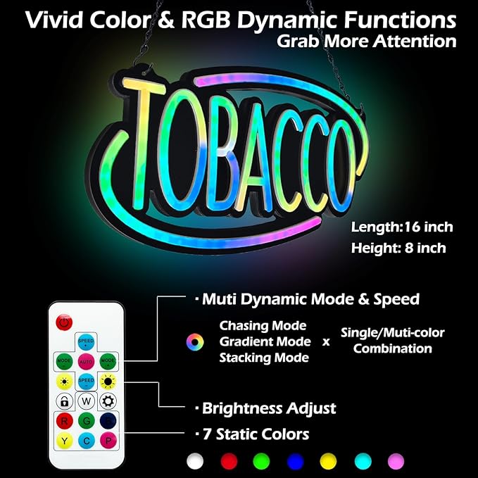 TOBACCO-LED Neon Sign for Business,16x8 inch Vape Smoke Shop Sign RGB Bright Led for Window Wall Door VapeSmoke Store