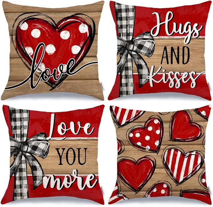 GEEORY Valentine's Day Love You More Hugs and Kisses Throw Pillow Covers 20x20 Inch Set of 4, Red Hearts Stripes Decorative Farmhouse Wedding Cushion Case for Home Decoration G652-20