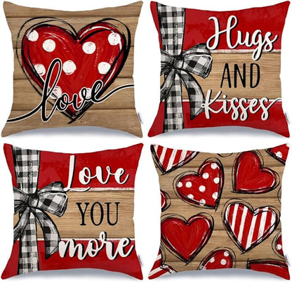 GEEORY Valentine's Day Love You More Hugs and Kisses Throw Pillow Covers 18x18 Inch Set of 4, Red Hearts Stripes Decorative Farmhouse Wedding Cushion Case for Home Decoration G652-18