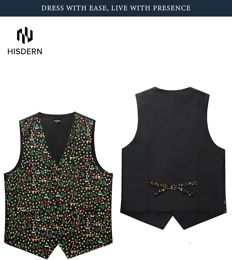 HISDERN Men's Suit Vest Christmas Holiday Season Party Jacquard Waistcoats Necktie Pocket Square Vest Suit Set